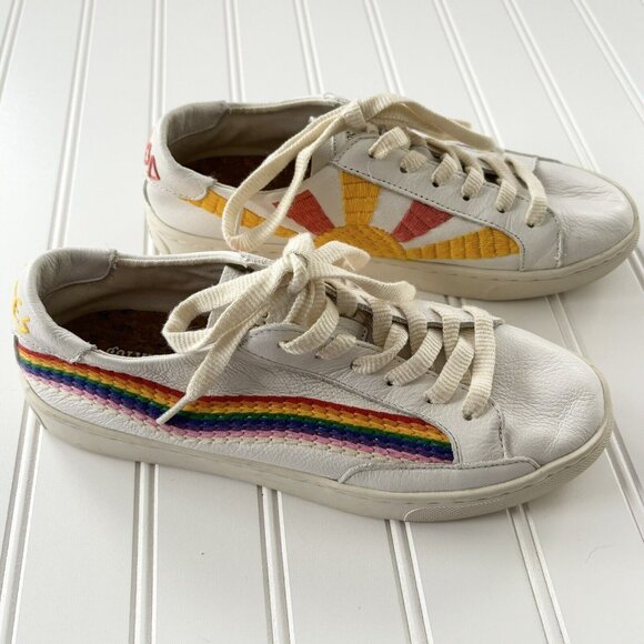 Soludos X Lockhart Embroidery White Leather Rainbow Wave Sneakers | Size 6.5 - Picture 1 of 6